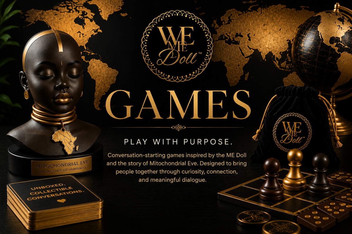 ME Doll conversation games collection featuring educational games inspired by Mitochondrial Eve and created by The Black Doll Affair to encourage meaningful conversations about identity, ancestry, race, and our shared human story.