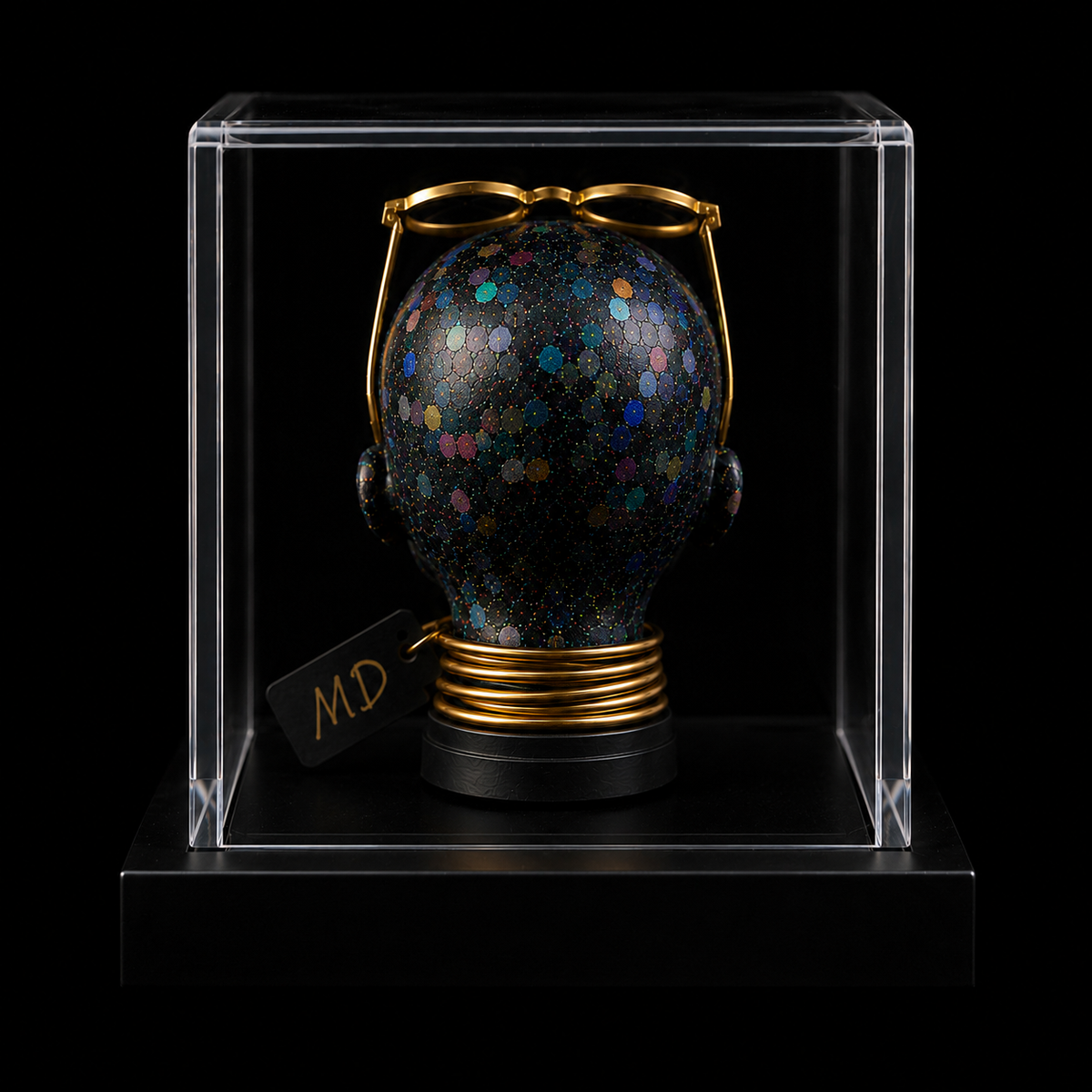 Back view of KALEIDOSCOPE™, an original mixed media ME Doll by Mama Doll, displayed in a museum-style acrylic case with gold sunglasses, signature neck wrap, and reversible MD artist tag.