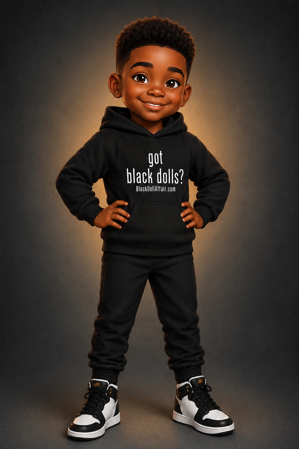 Black boy cartoon character with dark curly afro stands with hands on hips wearing a black hoodie with the text 'got black dolls? BlackDollAffair.com' in white, black jeans, and black and white high-top sneakers against a dark gray studio background.