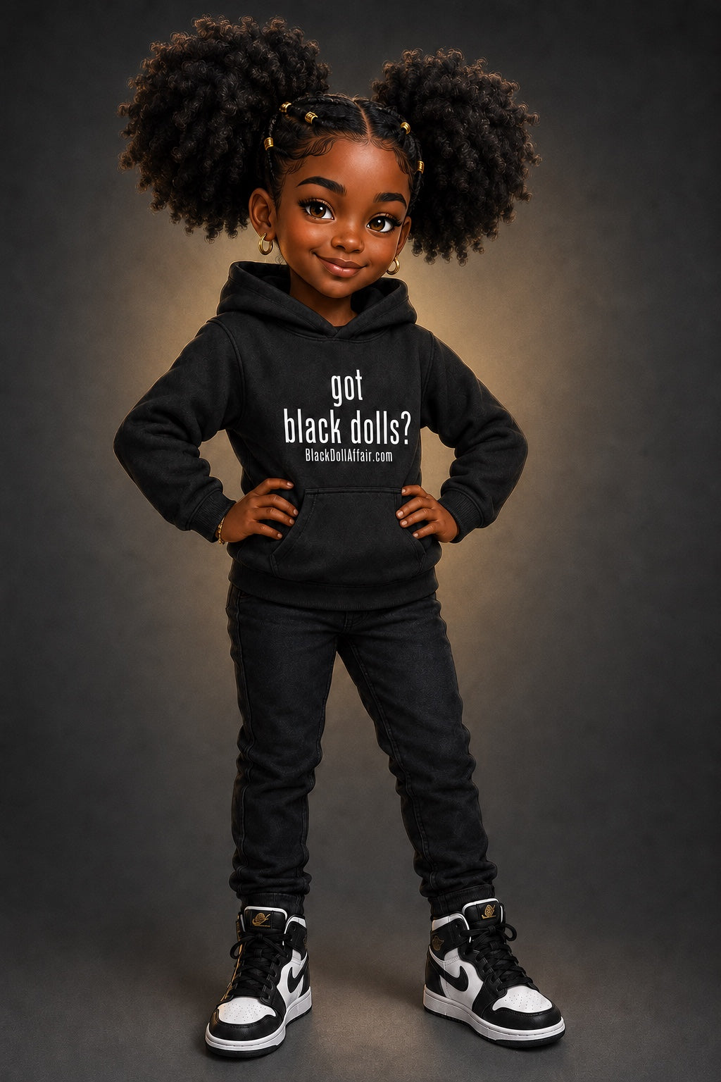 Black girl cartoon character with two high puffs of dark curly hair stands with hands on hips wearing a black hoodie with the text 'got black dolls? BlackDollAffair.com' in white, black jeans, and black and white high-top sneakers against a dark gray studio background.