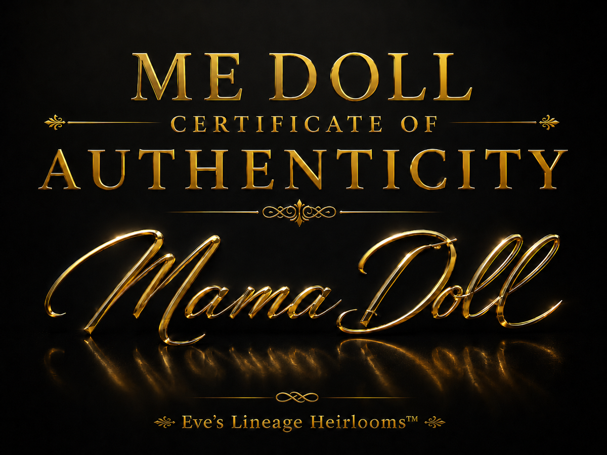 ME Doll Certificate of Authenticity for Eve's Lineage Heirlooms, featuring gold lettering and the Mama Doll signature on a black background