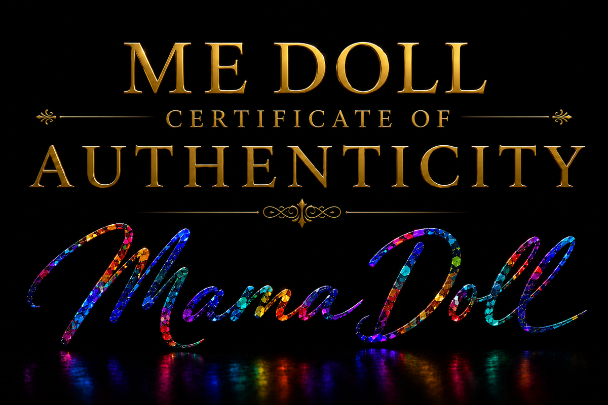 Certificate of Authenticity for the original KALEIDOSCOPE™ ME Doll by Mama Doll, featuring gold typography and Mama Doll's signature rendered in rich kaleidoscope gemstone colors
