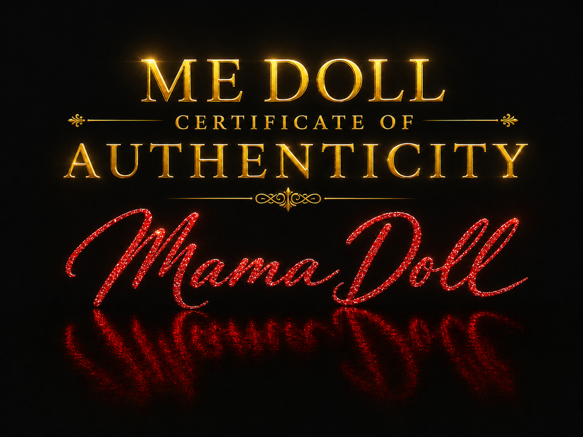 A black graphic with gold metallic text reading 'ME DOLL CERTIFICATE OF AUTHENTICITY' and red glitter-style script text reading 'Mama Doll' below it, with reflections on a black background.