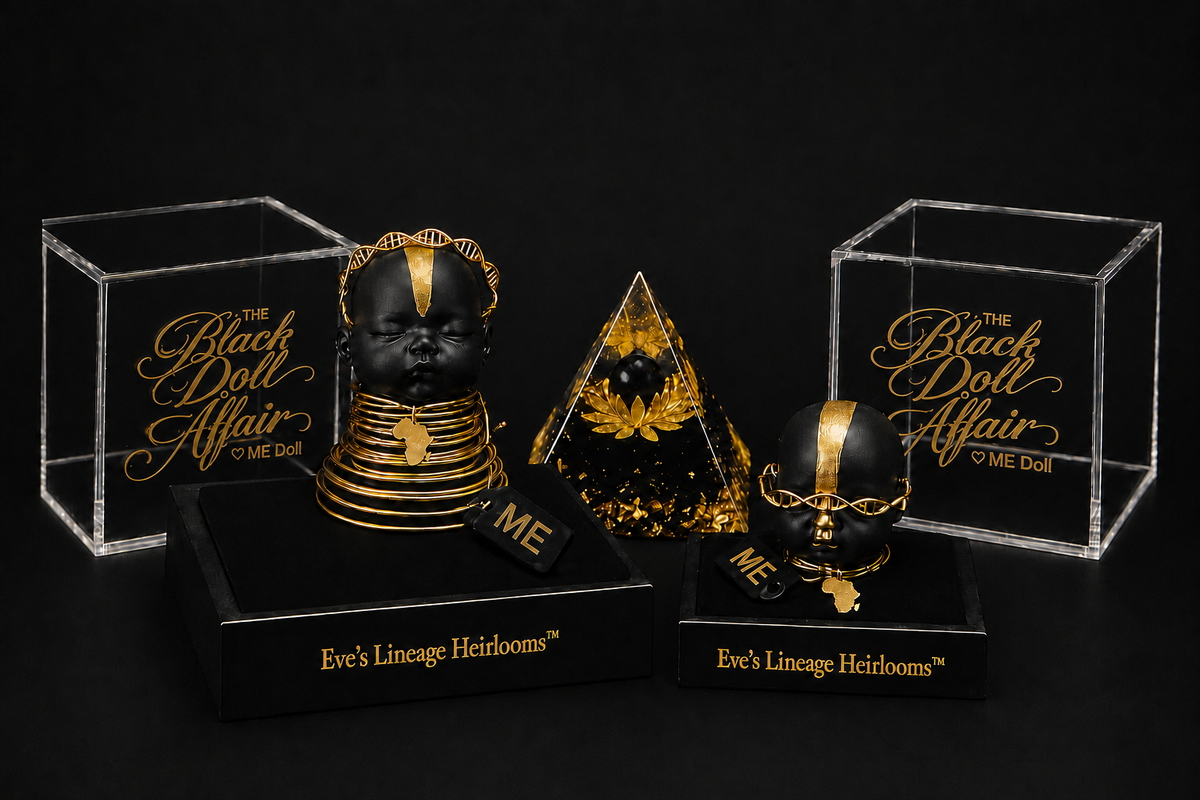 Hero image of The Black Doll Affair Eve's Lineage Heirlooms™ ME Dolls. Collectible set featuring a tall ME Doll, a miniature ME Doll, two acrylic display cases with The Black Doll Affair logo, and a black-and-gold resin pyramid displayed for show on a luxury black studio background.