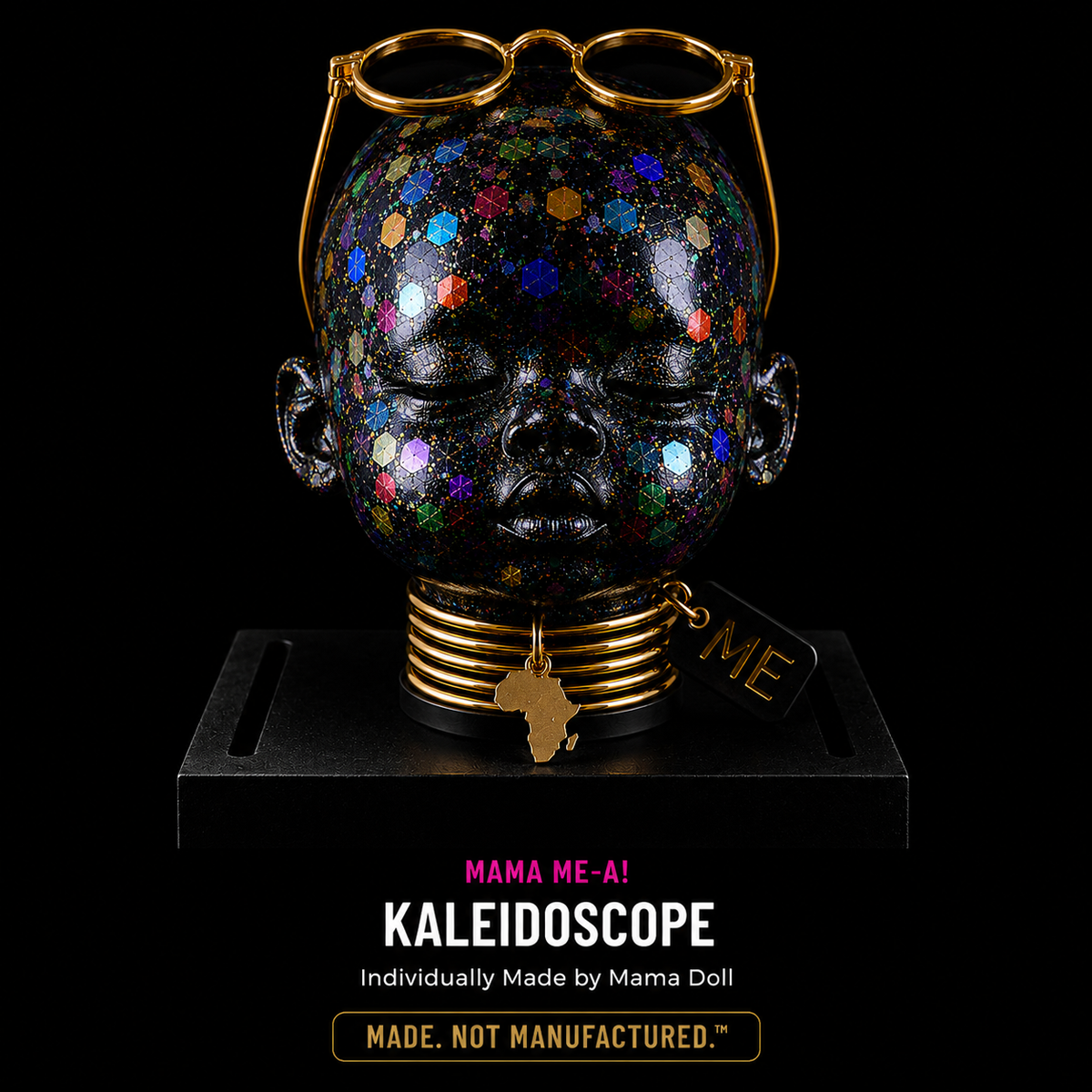 Front view of KALEIDOSCOPE™, an original mixed media ME Doll by Mama Doll from the MAMA ME-A!™ Collection, featuring holographic prism facets, gold sunglasses, a gold African pendant, signature neck wrap, and a museum-style acrylic display case.