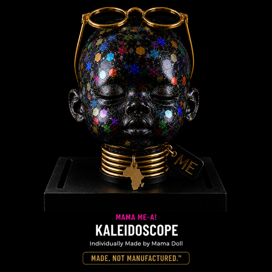Front view of KALEIDOSCOPE™, an original mixed media ME Doll by Mama Doll from the MAMA ME-A!™ Collection, featuring holographic prism facets, gold sunglasses, a gold African pendant, signature neck wrap, and a museum-style acrylic display case.