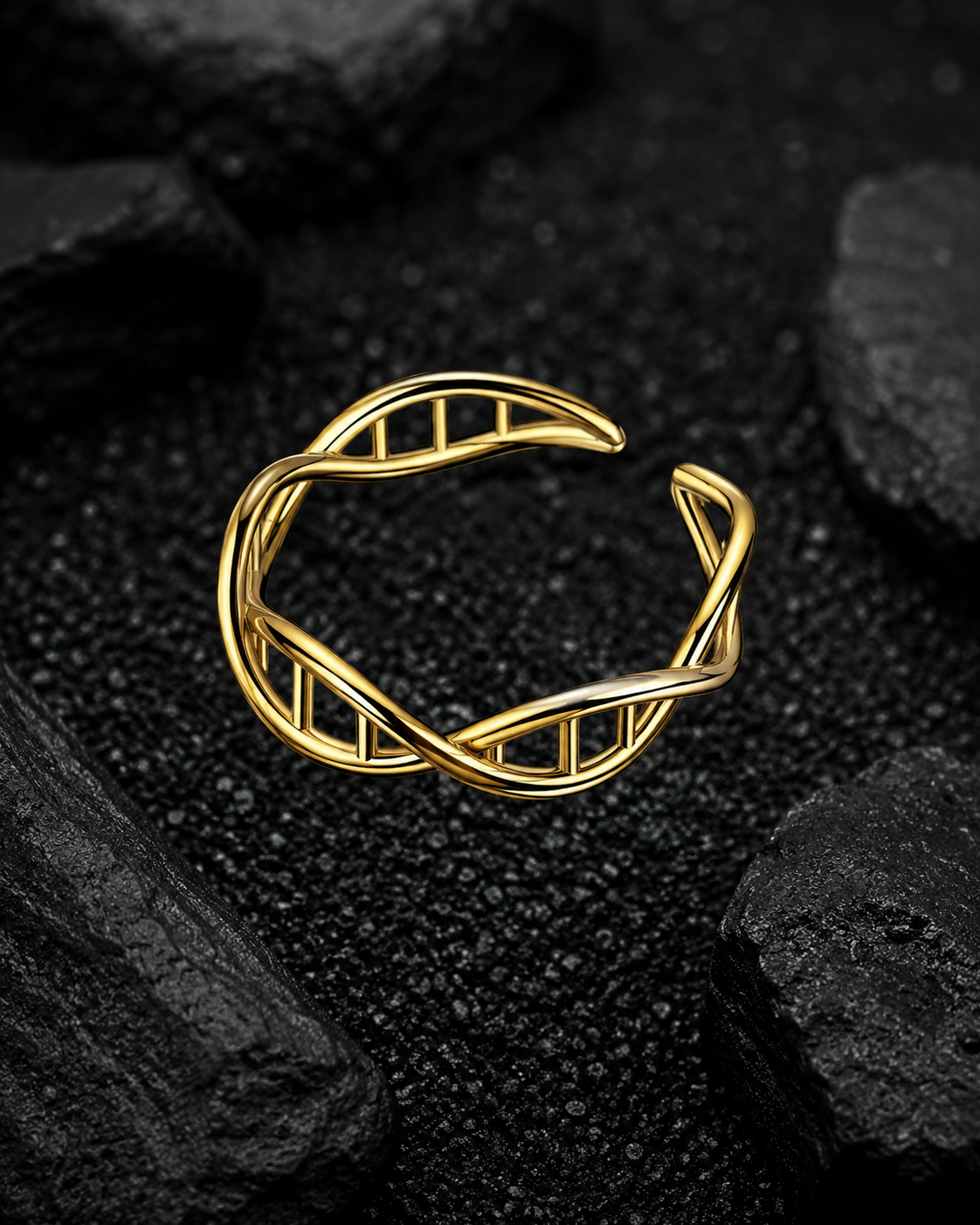 Gold-tone Unity Helix Ring™ featuring an open adjustable band with a sculptural DNA double-helix design, displayed on a dark textured background.
