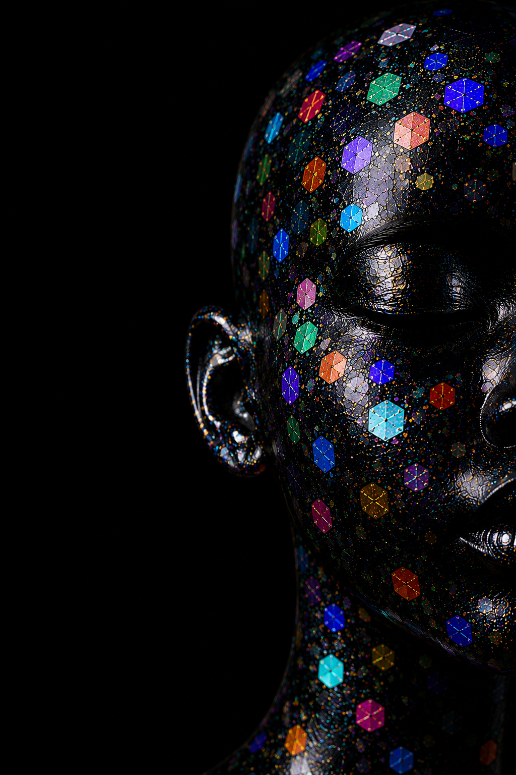 Close-up of the left half of Kaleidoscope™, an original mixed media ME Doll by Mama Doll, featuring holographic prism facets over a deep noir finish with jewel-like reflections.