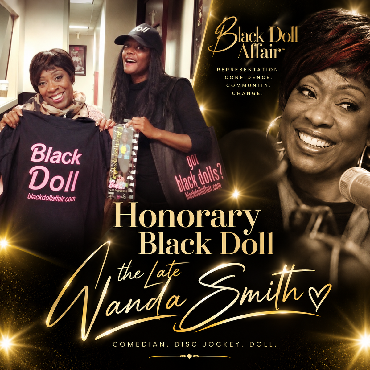 Honorary Black Doll tribute to the late Wanda Smith, comedian and radio personality, featuring photos of her with The Black Doll Affair's Signature Black Doll tee.