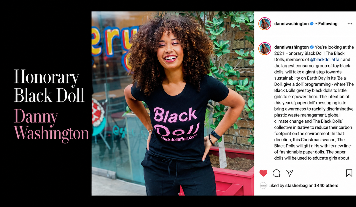 Honorary Black Doll Danny Washington wearing The Black Doll Affair Signature Members T-shirt, featuring an Instagram post highlighting sustainable fashion and support for The Black Doll Affair movement. An Instagram post featuring Black Beauty, representation, sustainable fashion, and The Black Doll Affair,