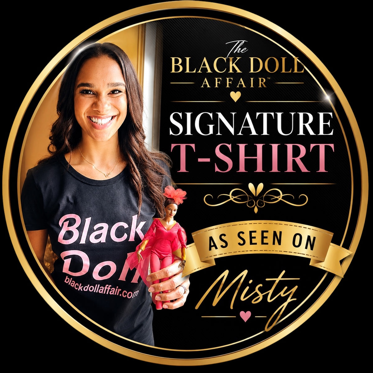 Honorary Black Doll Misty Copeland, holding Mattel's Misty Copeland Barbie doll, wearing The Black Doll Affair Signature Members T-shirt, celebrating representation, sisterhood, and self-esteem.
