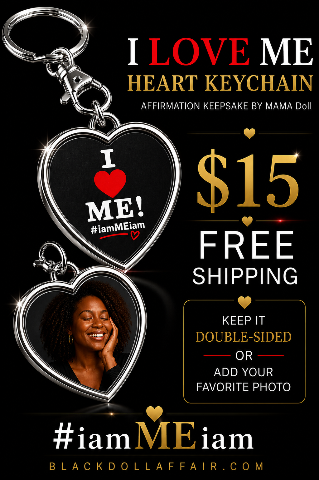 Double-sided I Love ME heart keychain with custom photo insert, silver metal frame, $15 free shipping affirmation keepsake by The Black Doll Affair. 