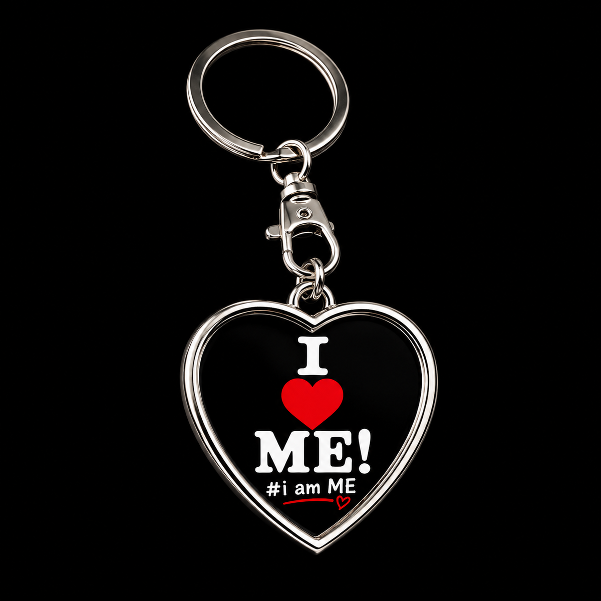 I Love ME affirmation heart keychain with custom photo, silver double-sided keepsake celebrating self-love and identity by The Black Doll Affair