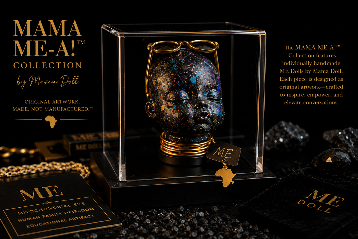 The Black Doll Affair Mama ME-A! Collection Kaleidoscope ME Doll by Mama Doll displayed in a clear acrylic museum-style display case. One-of-a-kind mixed media collectible art. 