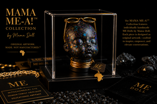 The Black Doll Affair Mama ME-A! Collection Kaleidoscope ME Doll by Mama Doll displayed in a clear acrylic museum-style display case. One-of-a-kind mixed media collectible art. 