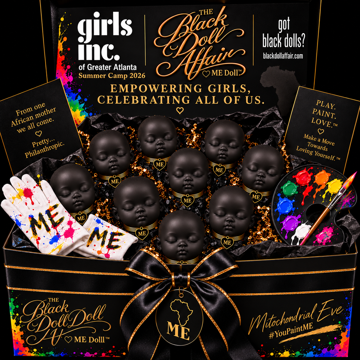 ME Doll™ Group Experiences gift presentation for Girls Inc. of Greater Atlanta Summer Camp 2026, featuring unpainted ME Dolls, colorful paint pallette, brushes and empowering girls branding.