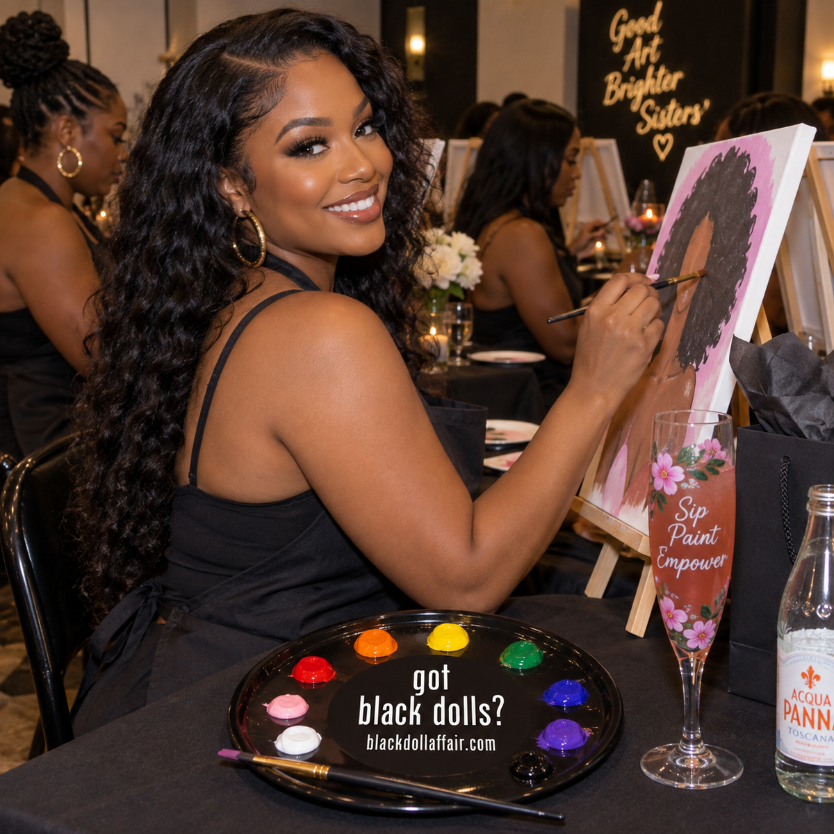 Woman painting at a ME Doll™  Group experience sip-and-paint gathering, illustrating guided group art experiences that create conversation, connection and community. 