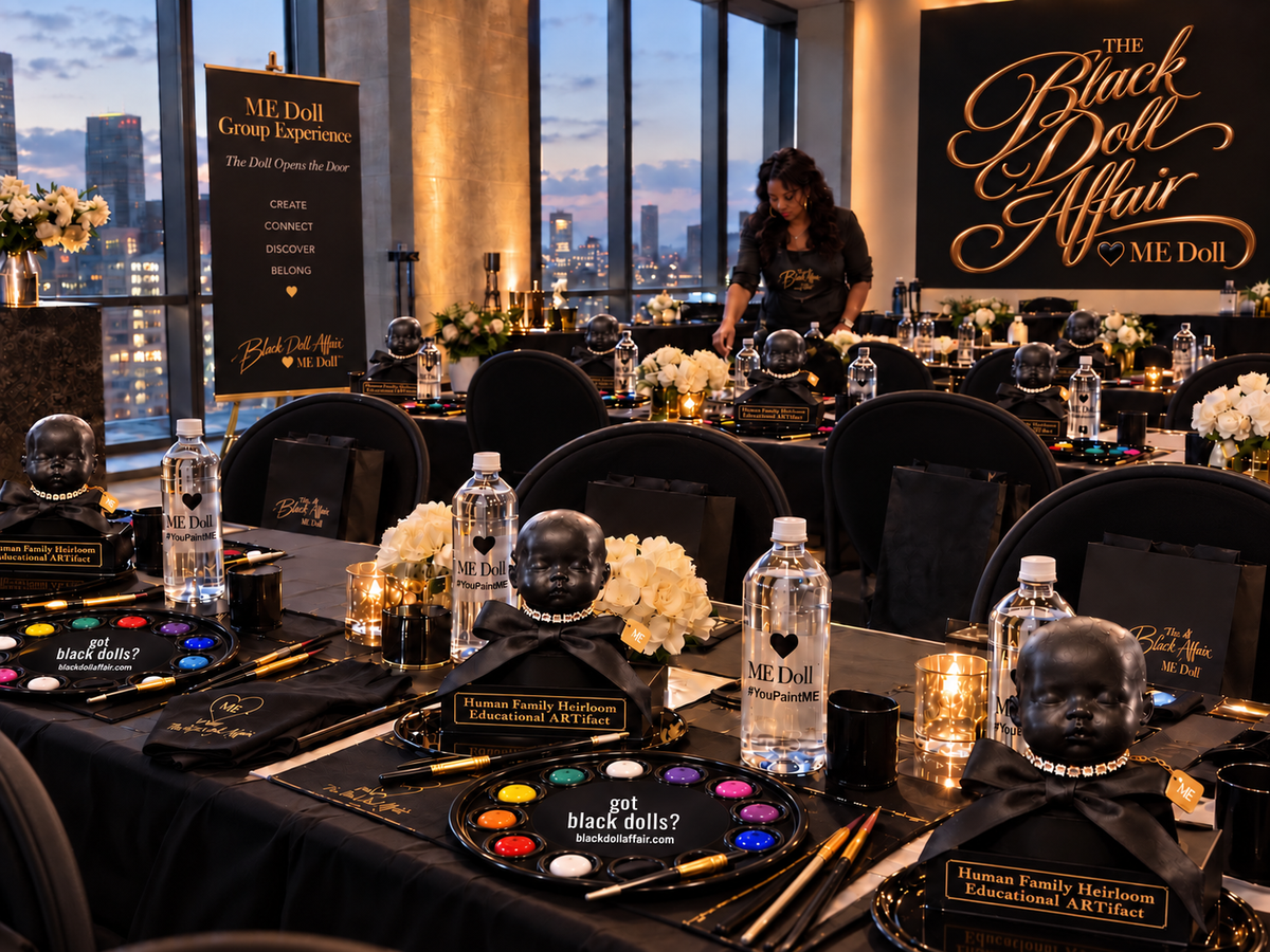 Elegant ME Doll™ Group Experiences room prepared for guests with unpainted ME Dolls, black paint palettes, brushes, bottled water and The Black Doll Affair branding.