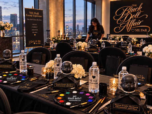 Elegant ME Doll™ Group Experiences room prepared for guests with unpainted ME Dolls, black paint palettes, brushes, bottled water and The Black Doll Affair branding.