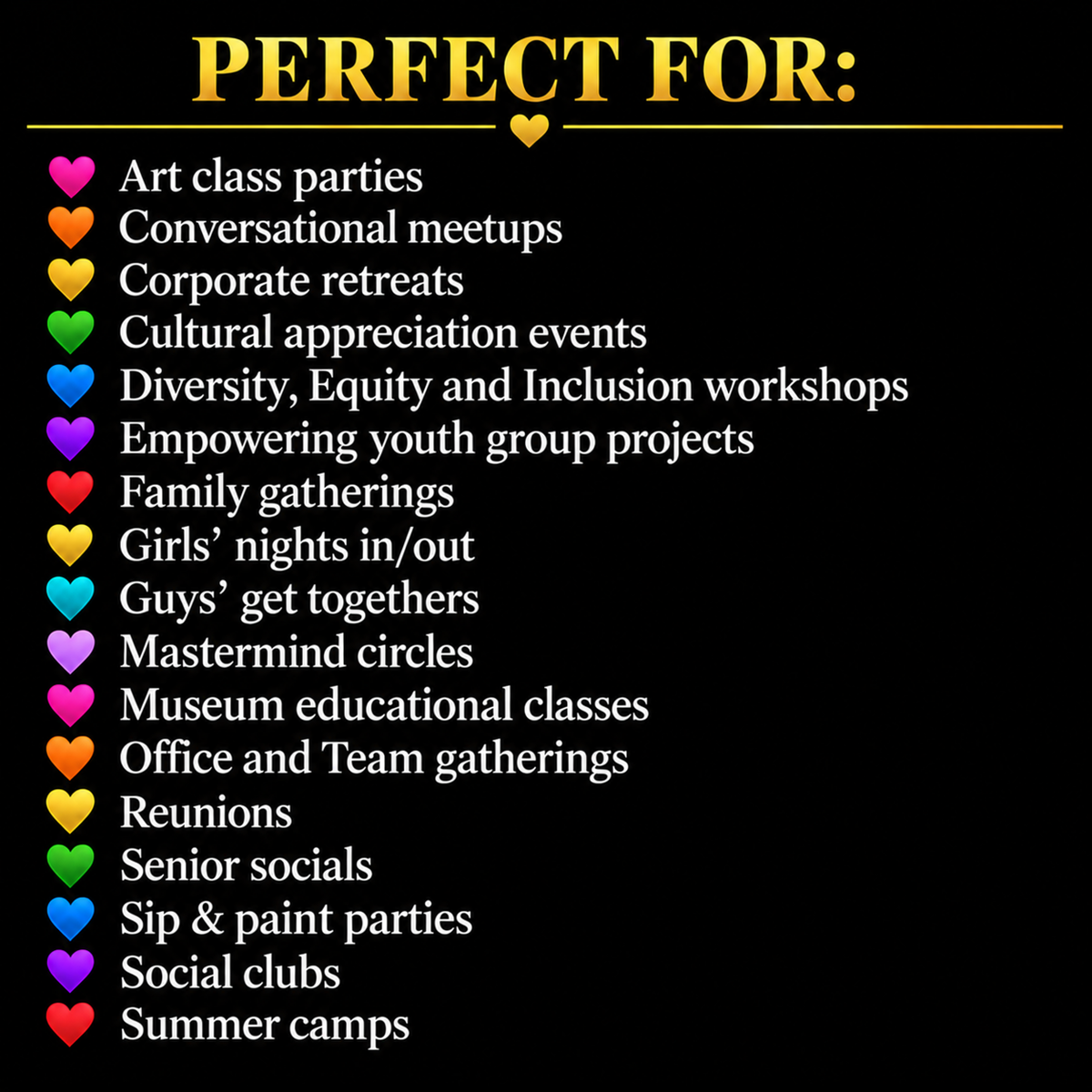 ME Doll™  Group Experiences "Perfect for" graphic listing the types of events suggested, from Family gatherings to mastermind circles, cultural appreciation events, DEI workshops, youth projects, and corporate retreats, etc.