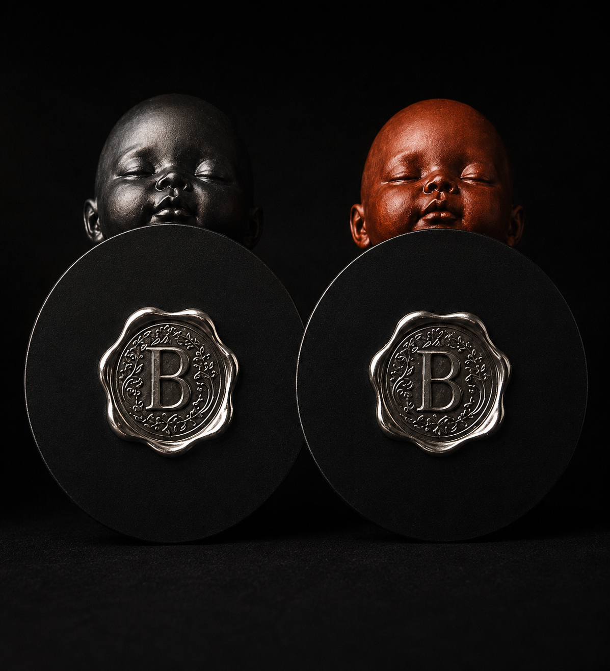 Bottom view of black and brown ME Doll heads attached to black circular plaques embossed with the letter B.
