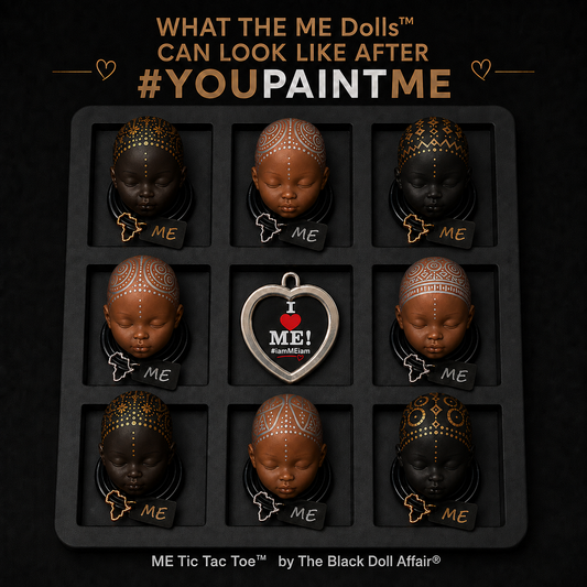 ME- Tic-Tac-Toe game board displaying eight hand-painted ME Doll heads around a heart-shaped center piece on a black background/