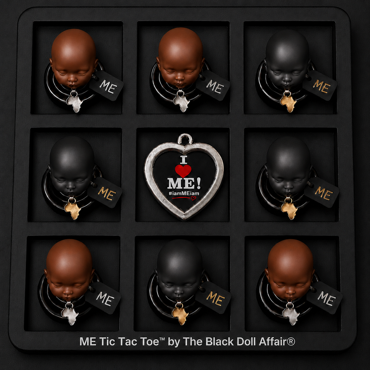 Me-Tic-Tac-Toe- game board with four brown and four black unpainted ME Doll heads arranged around a heart-shaped center piece