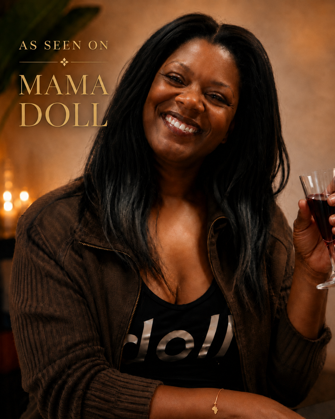 Mama Doll, founder of The Black Doll Affair, holding a glass of red wine while wearing the Melanin Copper Cuff with a gold-plated map of Africa pendant.