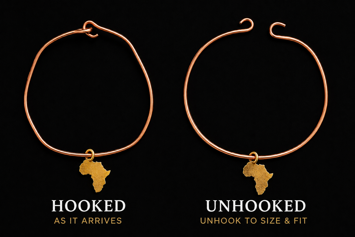 Side by side view of the Melanin Copper Cuff showing the hooked closure as it arrives and the unhooked opening used to adjust the size and fit.