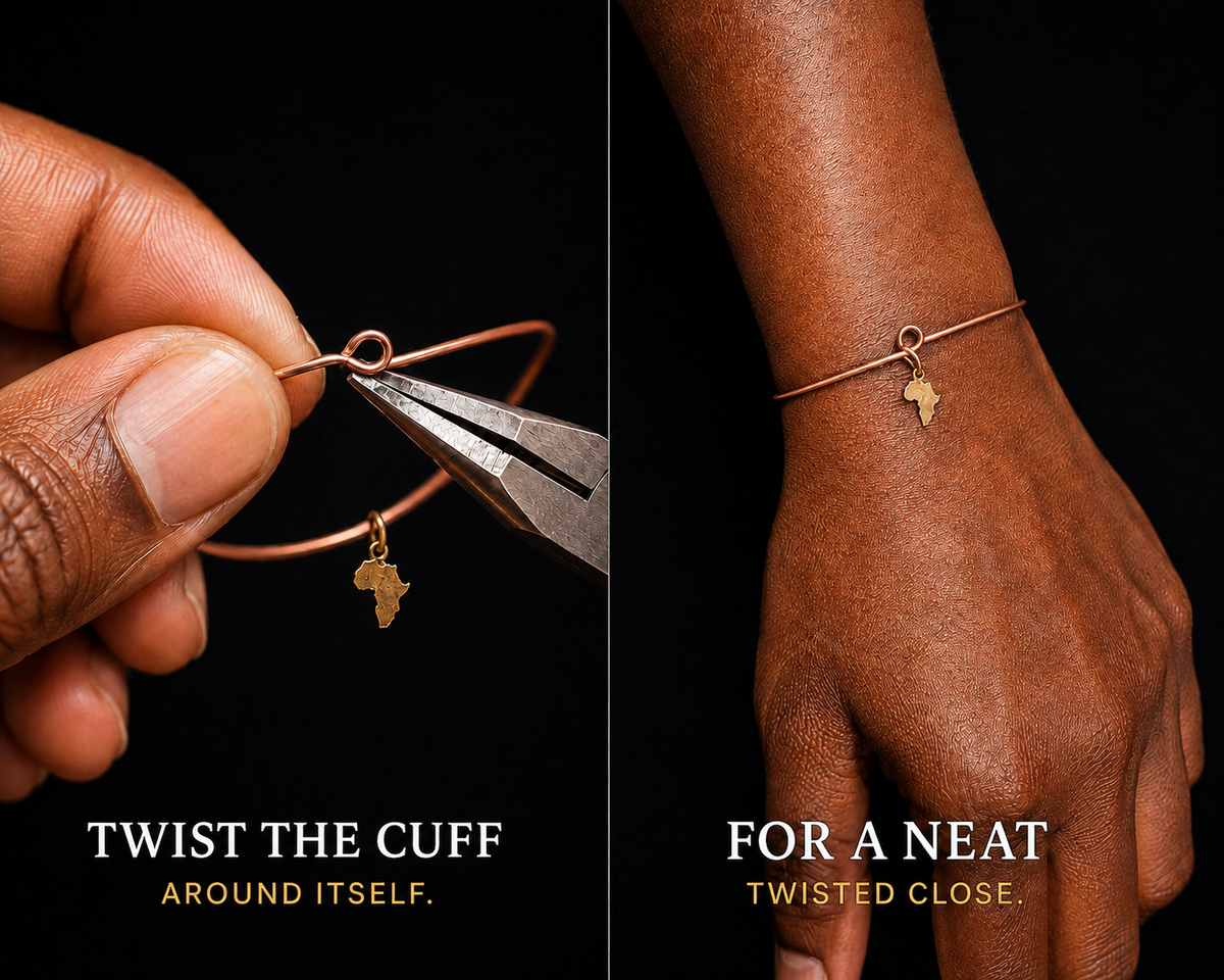 Two-panel guide showing the Melanin Copper Cuff being twisted around itself with pliers to create a neat twisted closure.