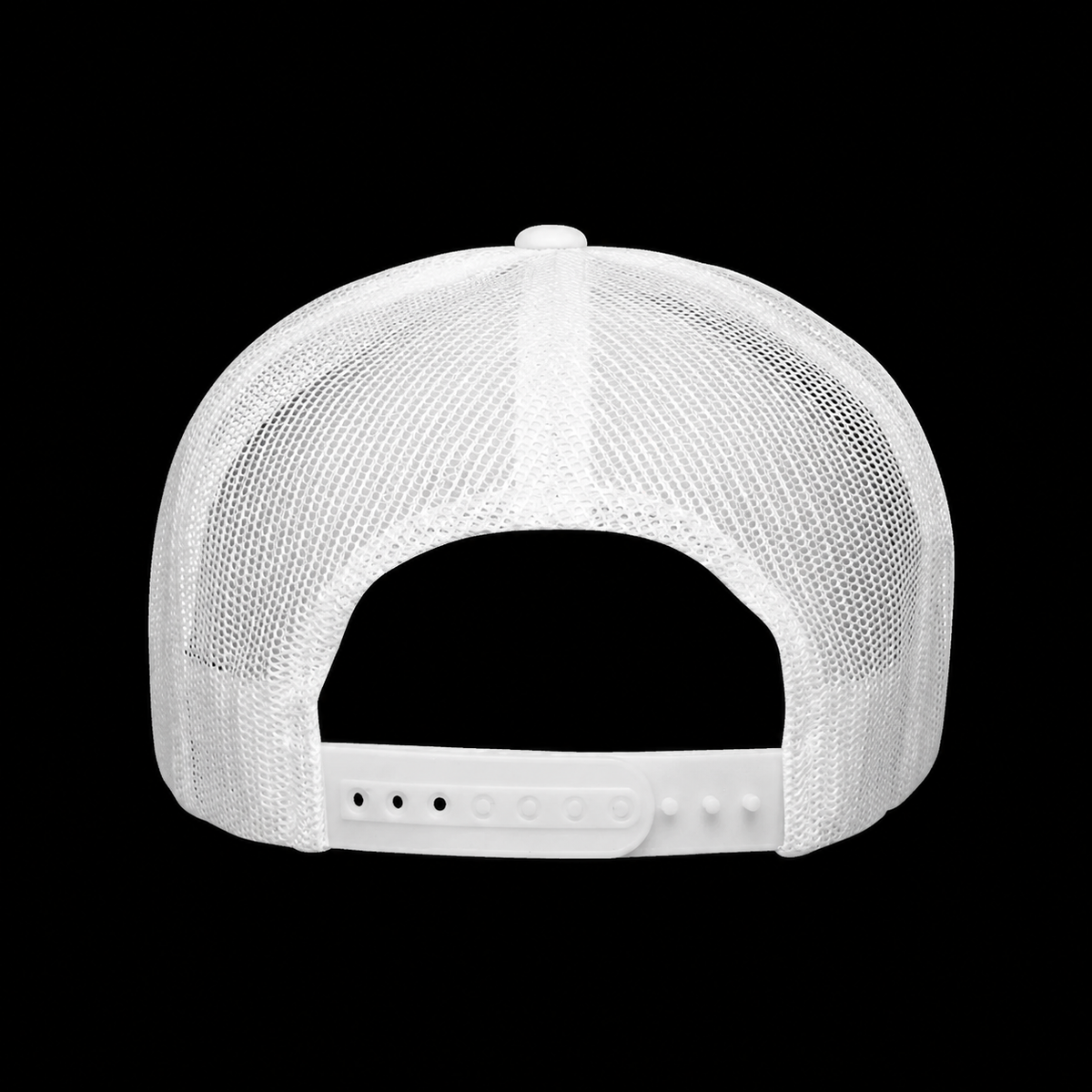 Back of The Black Doll Affair's Organic Original white mesh truckers cap mesh cap on a white finished with a matching plastic snapback for easy size adjustment on a white background. 