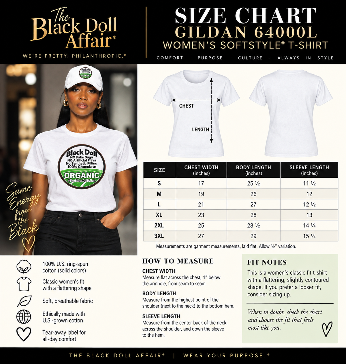 Women's Softstyle Gildan 64000L, premium crew neck T-shirt size chart showing chest width and body length measurements from XS to 3XL for The Black Doll Affair's 'Organic Original' Black Doll  T-shirt.  