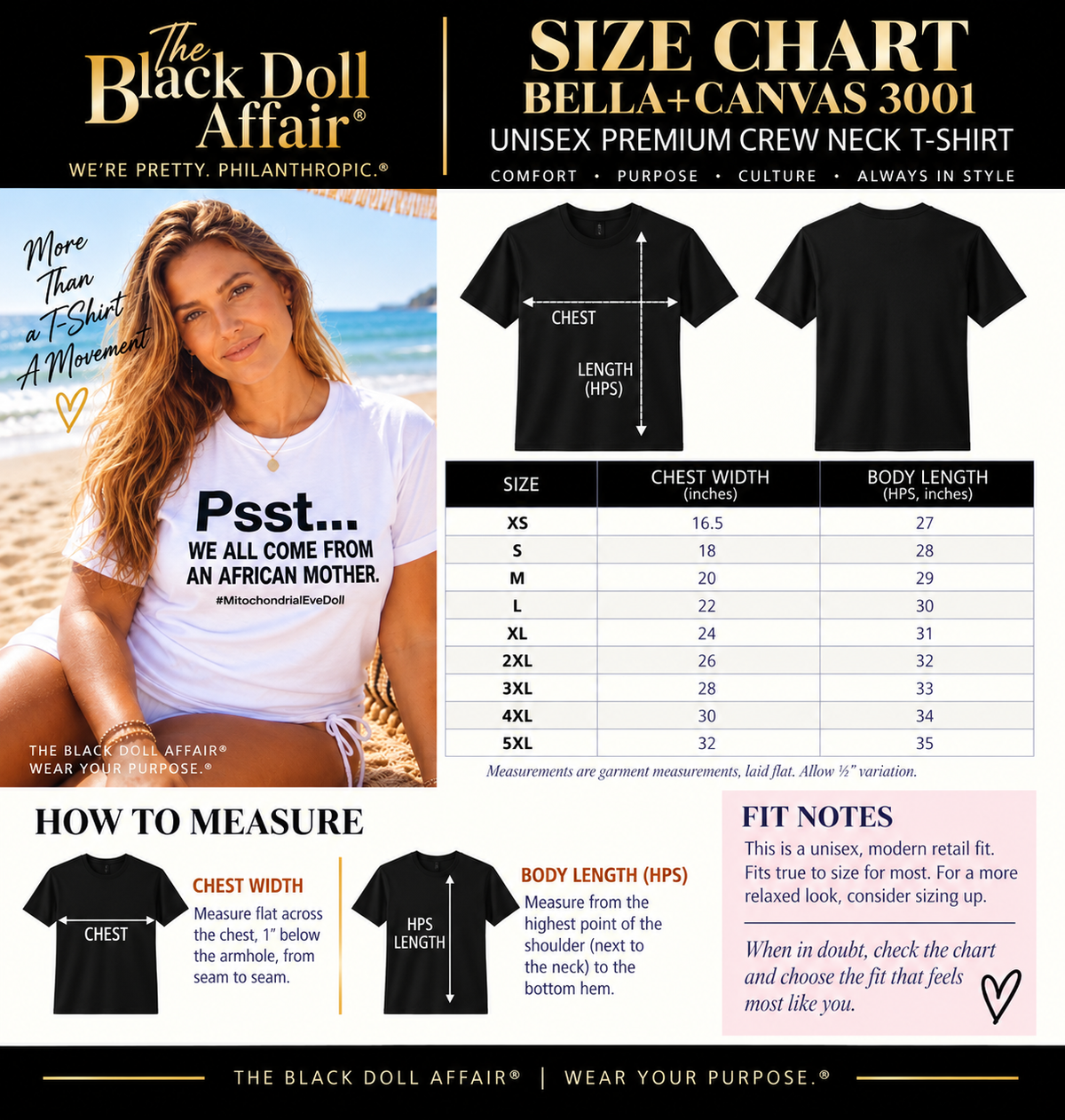 A size measurement chart and fit guide for The Black Doll Affair Bella + Canvas 3001 unisex crew neck T-shirt that reads We All Come From An African Mother The graphic features a model wearing a white T-shirt, a size chart table from XS to 4XL with chest width and body length measurements, and step-by-step measurement instructions with labeled chest and hips measurements.
