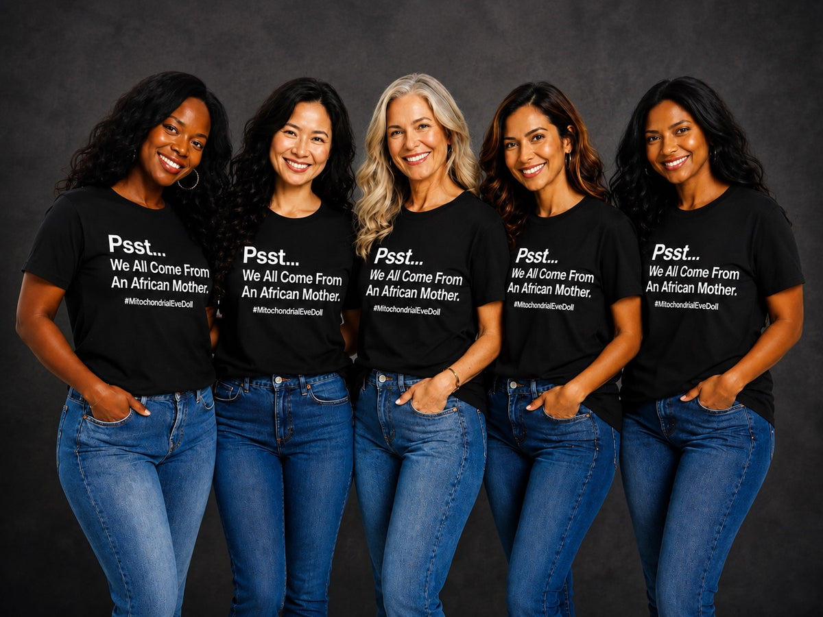 Five women standing side by side wearing matching black graphic t-shirts and blue jeans against a dark gray studio background. The shirts feature the text 'Psst...We All Come From An African Mother.