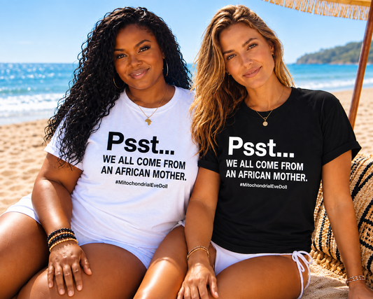 Black woman and white woman on a beach wearing 'Psst..We All Come From an African Mother' Bella + Canvas 2001 T-shirts.