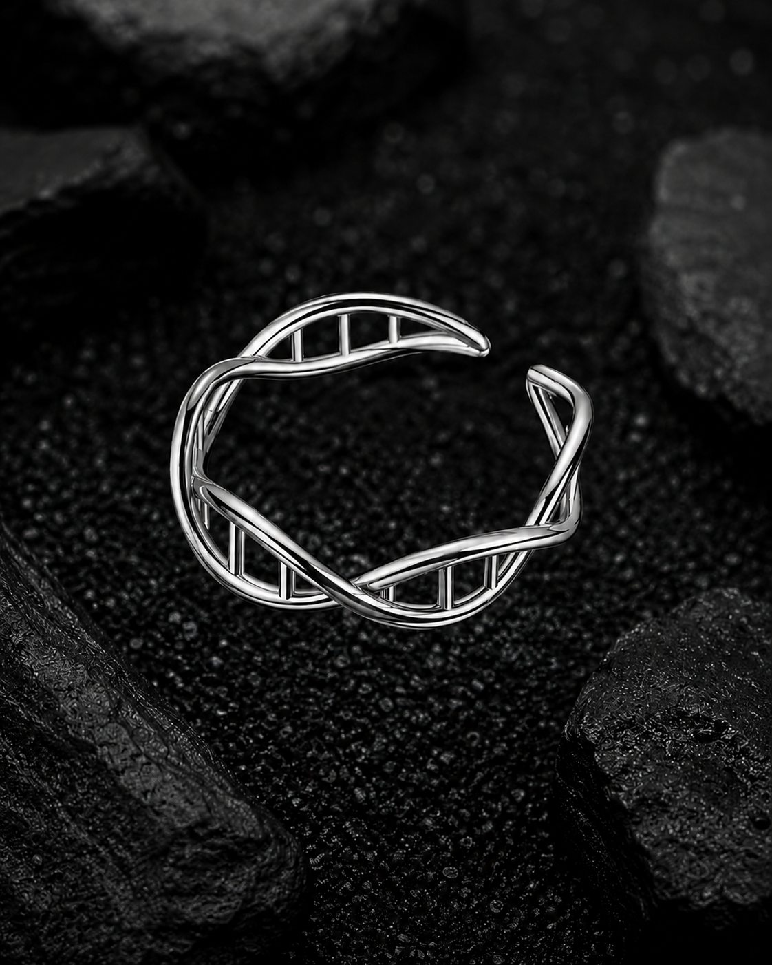 Silver-tone Unity Helix Ring™ featuring an open adjustable band with a DNA double-helix design, displayed on a dark background.