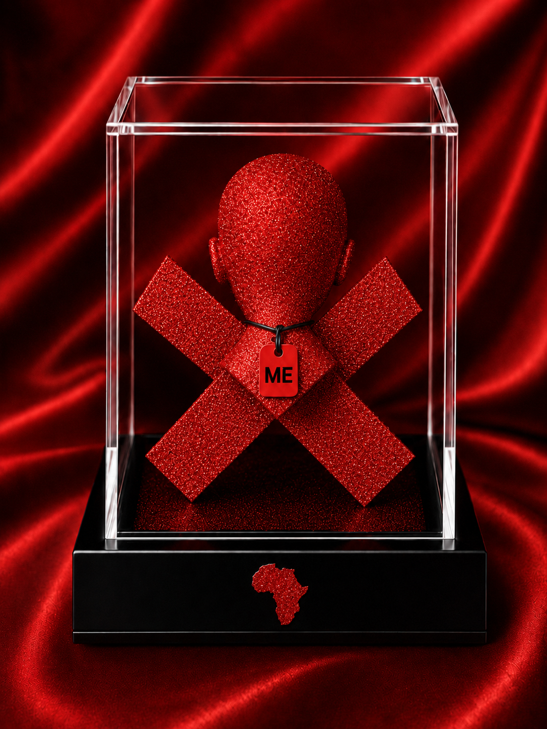 Back view of The Black Doll Affair Star Crossed Love Affair ME Doll artwork displayed in its case with a red cross and red African emblem and an ME neck tag set amongst a satin backdrop.
