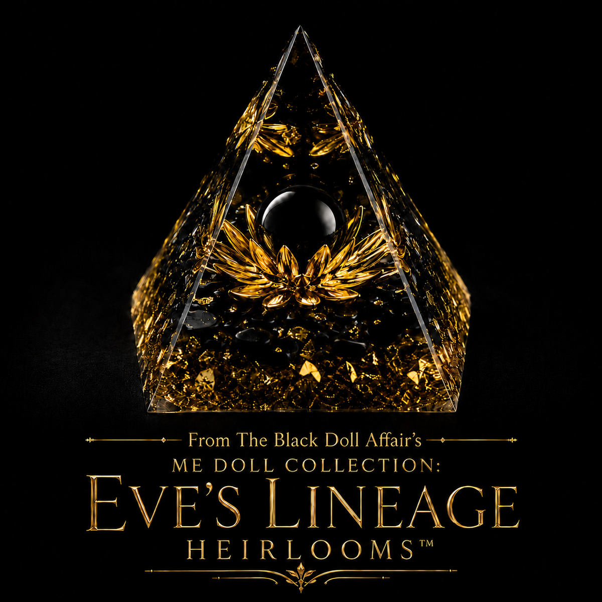 Clear crystal pyramid filled with gold leaf, a flower of life, and a glossy obsidian rock, displayed on a black background with gold text reading "From The Black Doll Affair's ME Doll Collection: Eve's Lineage Heirlooms. 