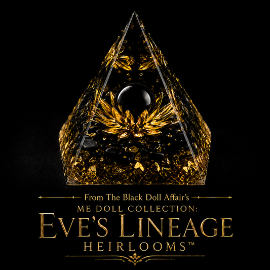 Clear crystal pyramid filled with gold leaf, a flower of life, and a glossy obsidian rock, displayed on a black background with gold text reading "From The Black Doll Affair's ME Doll Collection: Eve's Lineage Heirlooms. 