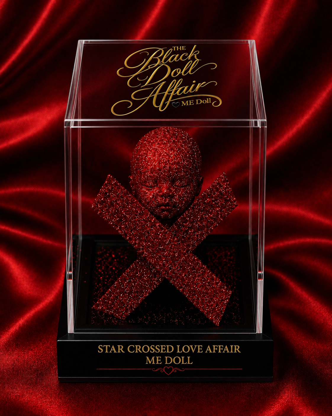 Star Crossed Love Affair ME Doll™ featuring a red glittered doll head and X shaped design inside a clear acrylic display case on a black base, set against satin. 