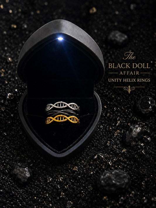 Three rings to make one. The Black Doll Affair Unity Helix Rings™ in black, silver and gold, are displayed inside a black heart-shaped LED jewelry box, black featuring a forever loop and the silver and gold each featuring a DNA double helix design. 