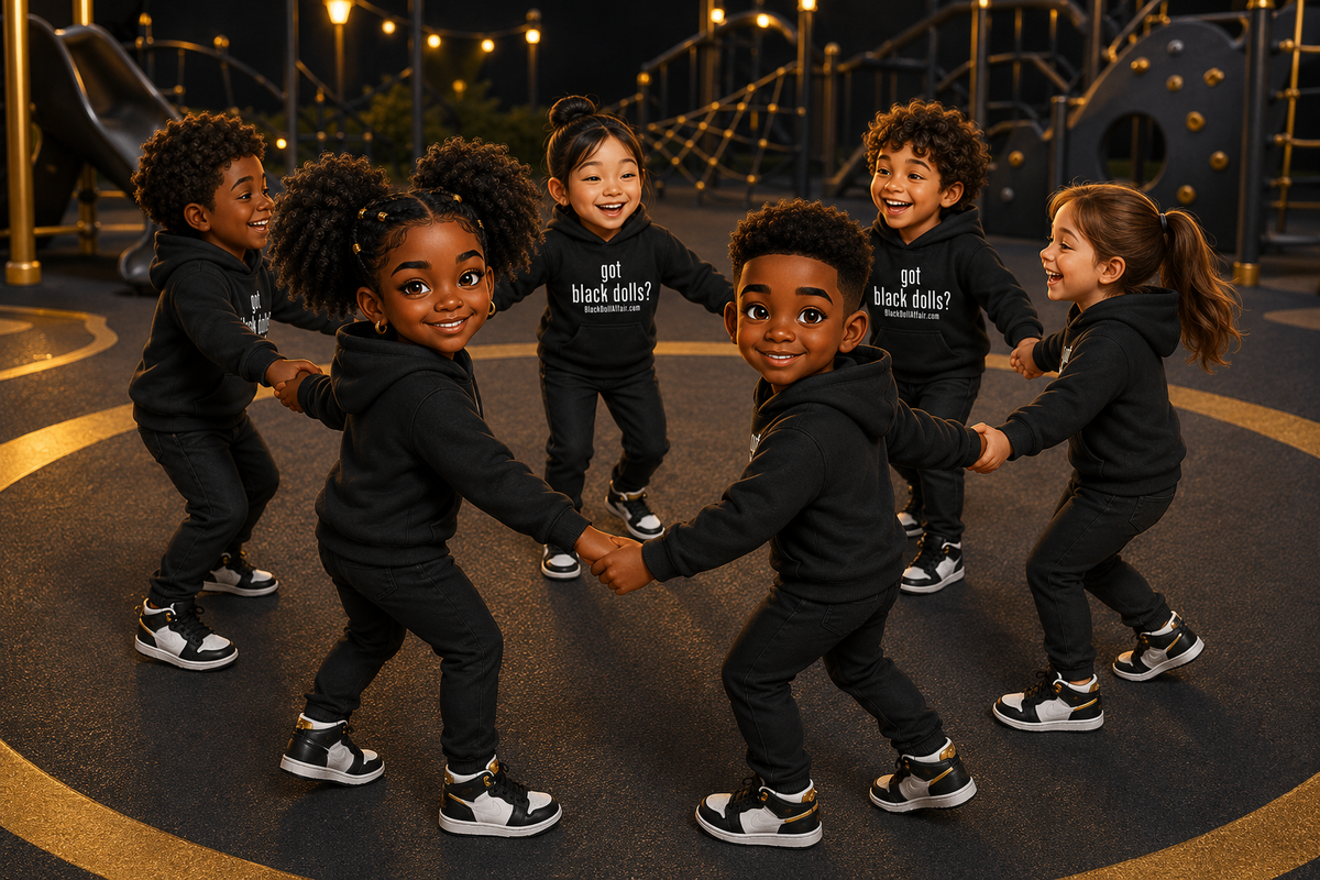 Multicultural group of children holding hands on a playground while wearing matching 'got black dolls' black youth fleece hoodies.