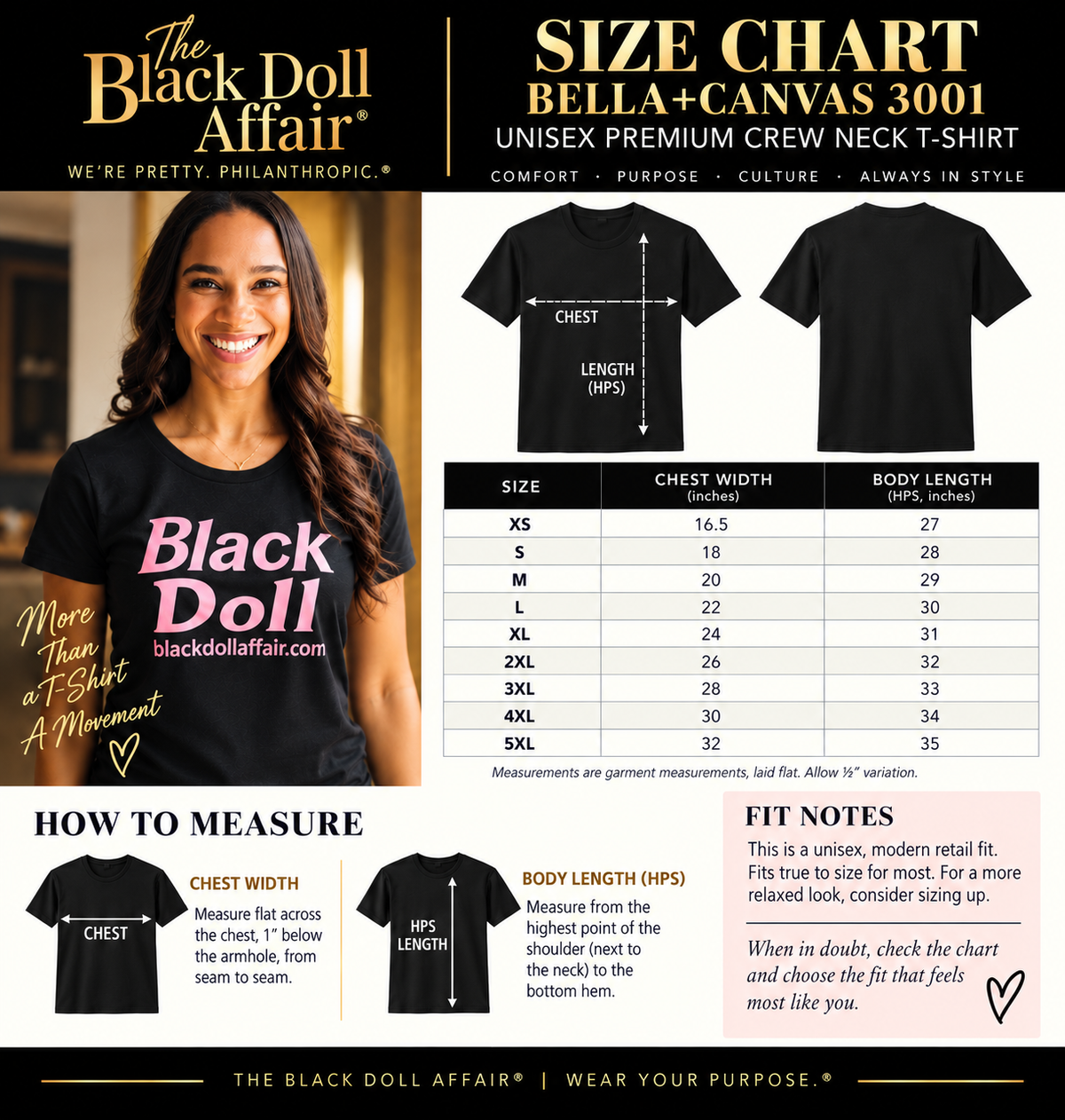 Bella+Canvas 3001 Unisex T-shirt size chart showing verified chest width and body length measurements from XS-5XL, with ballerina and Honorary Black Doll Misty Copeland wearing it.