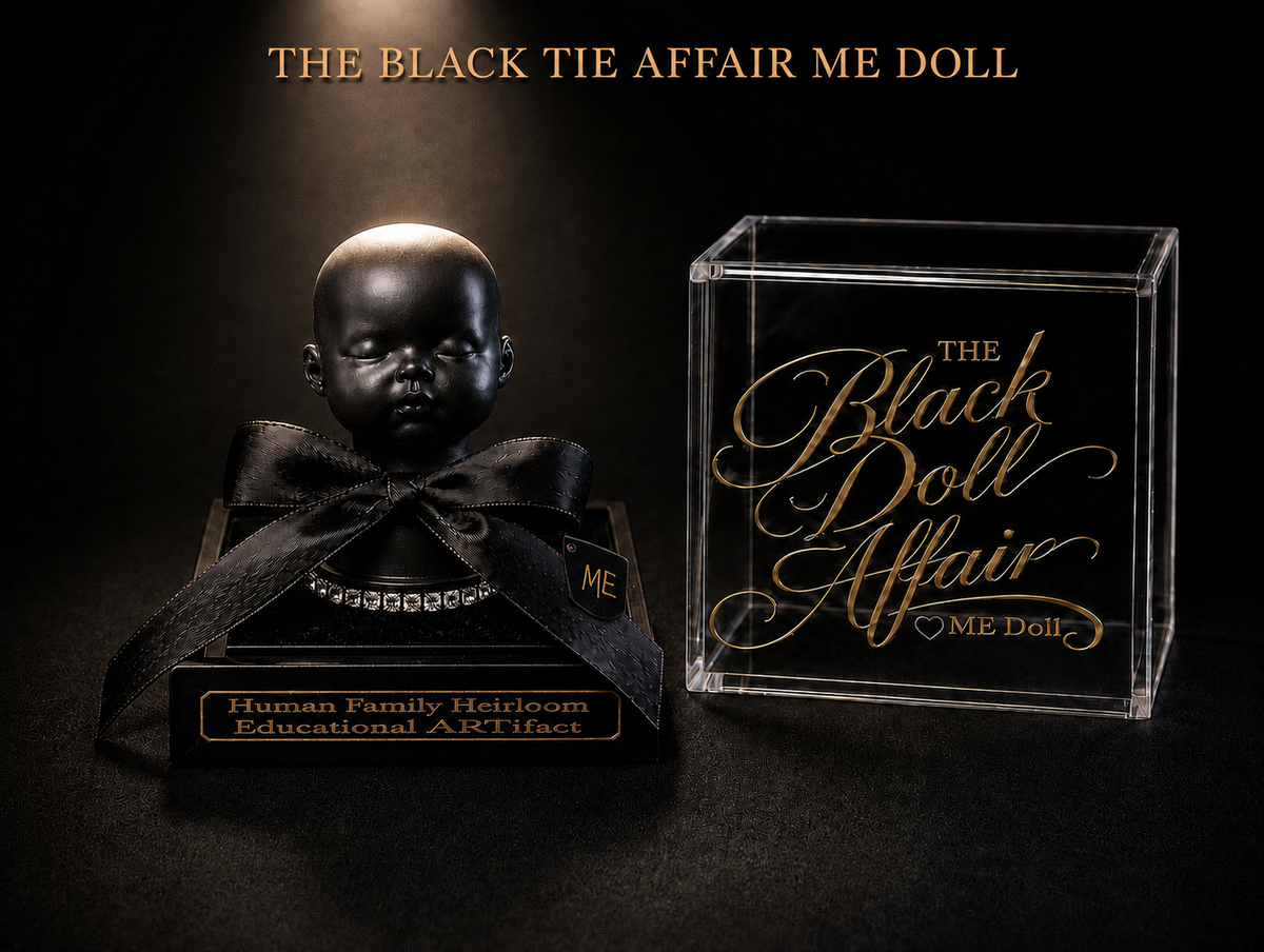 The Black Tie Affair ME Doll heirloom with black satin bow, jeweled neckline, display base, and clear acrylic collector base. 