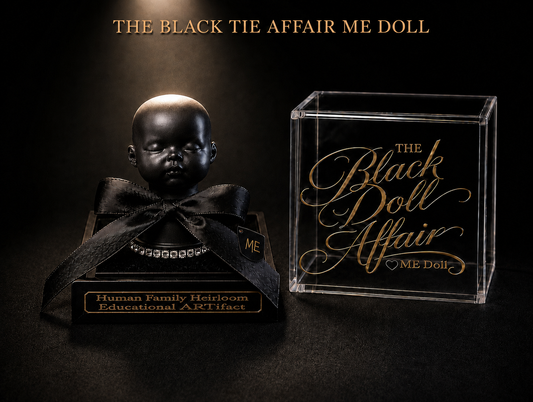 The Black Tie Affair ME Doll heirloom with black satin bow, jeweled neckline, display base, and clear acrylic collector base. 