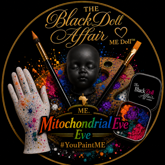 Complete You Paint ME Solo Experience featuring a matte-black ME Doll head, white glove with paint splattered over it, pointed and flat paintbrushes, tin can with The Black Doll Affair 'Love Hue' logo on the lid, bottom portion of the tin container with paint colors included and The Black Doll Affair ME Doll branding. 