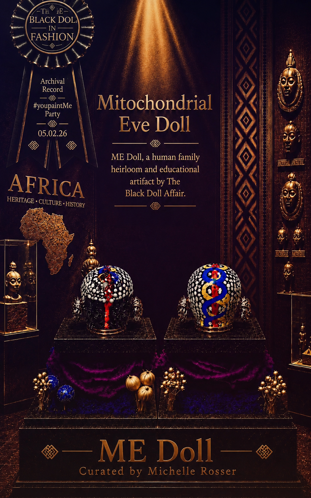 A dark, ornate promotional museum-style display for the ME Doll painted and curated by Michelle Rosser, featuring the front and the back of her MED Dolls that won Best in Show. 