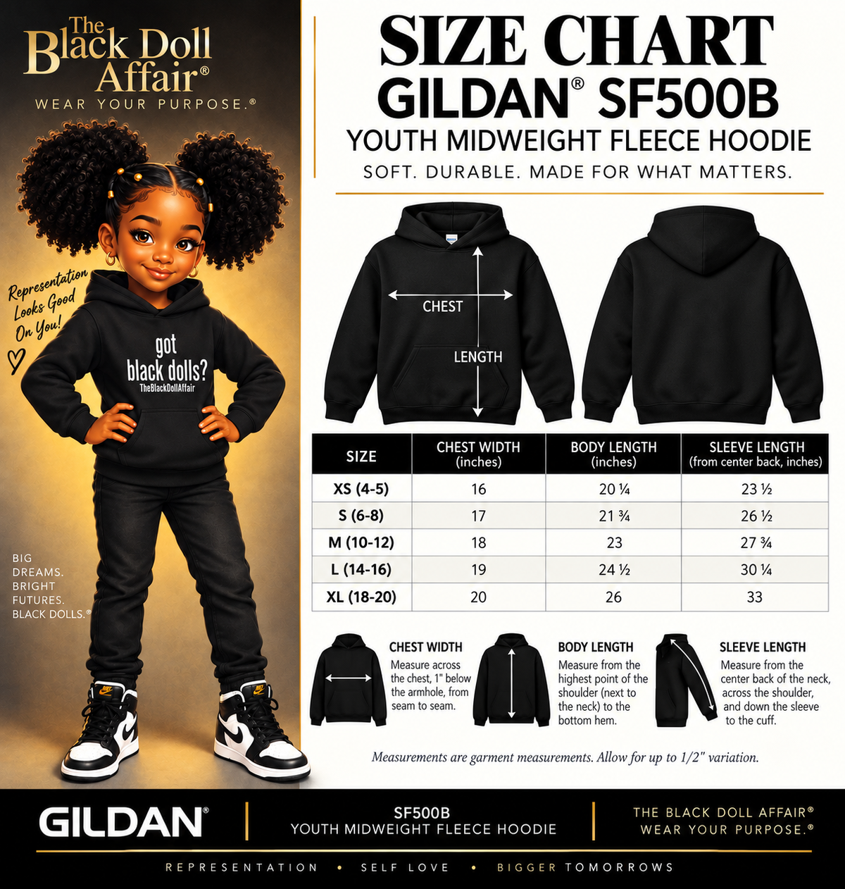 The Black Doll Affair's 'got black dolls?' Gildan SF500B Youth Fleece Hoodie sizing chart, as shown being worn by a cartoon character girl. 