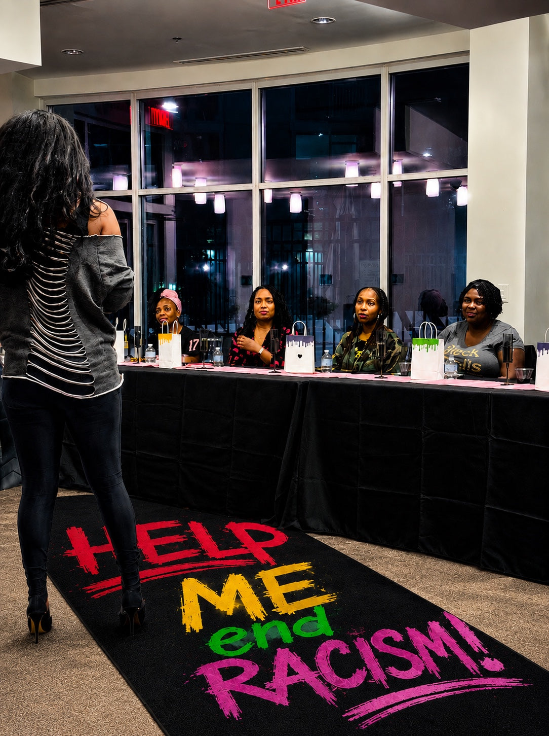 Mama Doll standing the "Help ME End Racism" rug during The Black Doll Affair's Atlanta You Paint ME experience, sharing the inspiration behind the ME Doll and its mission to promote self-esteem, human connection, and one world family. 